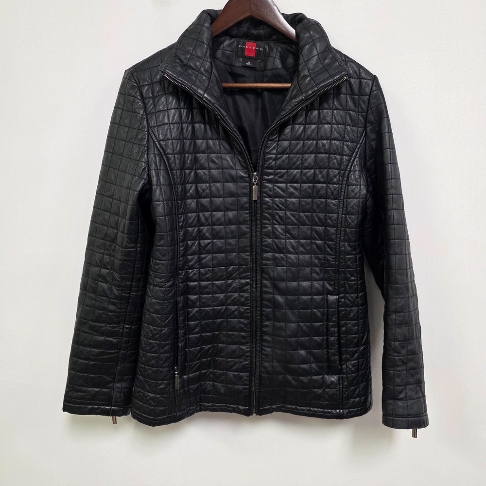 Gallery Womens 90s Minimalist Quilted Leather Jacket Size M Black Full Zip Retro